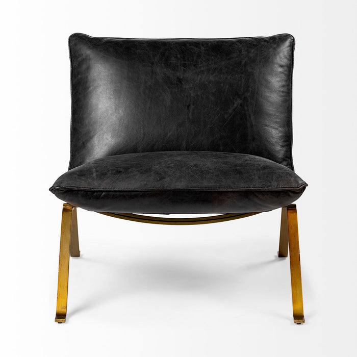 Top Grain Leather Distressed Slipper Chair - Black / Brass