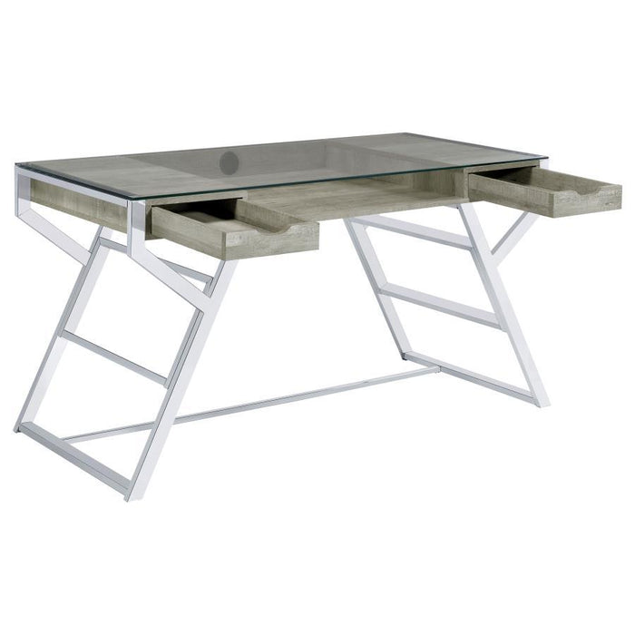 Emelle - 2-Drawer Glass Top Writing Desk - Gray Driftwood And Chrome - Simple Home Plus