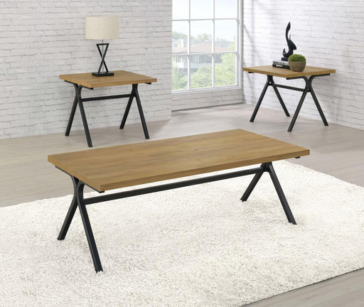 Colmar - 3 Piece Trestle Occasional Table Set - Golden Oak And Gunmetal - Simple Home Plus