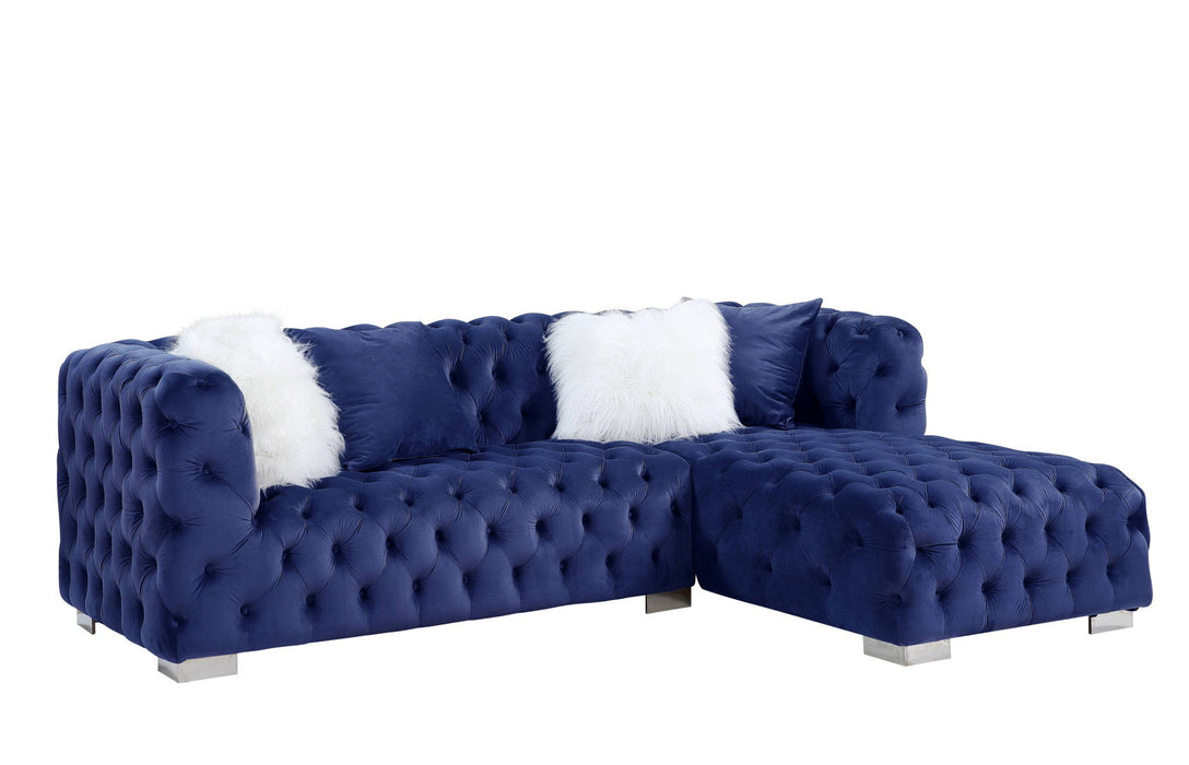 Velvet L Shaped Two Piece Sofa And Chaise Sectional And Toss Pillows - Blue