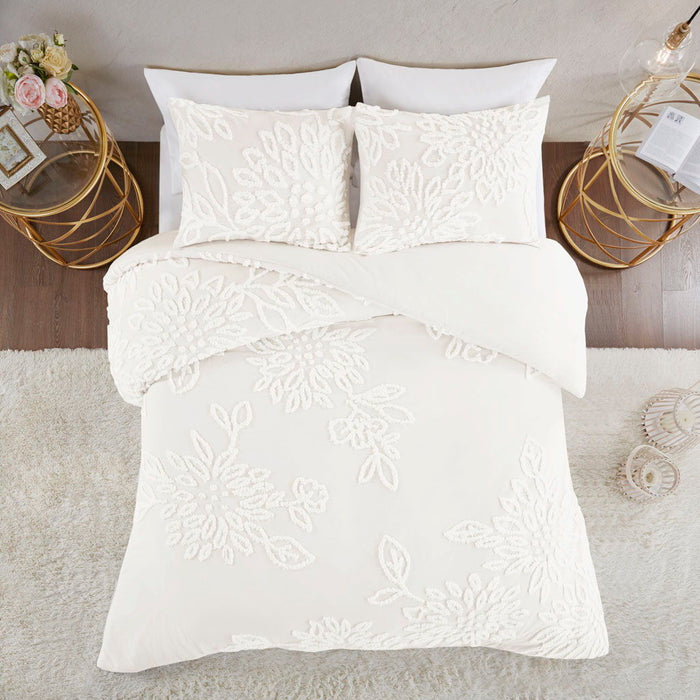 Veronica - King 3 Piece Tufted Floral Duvet Cover Set - Off White