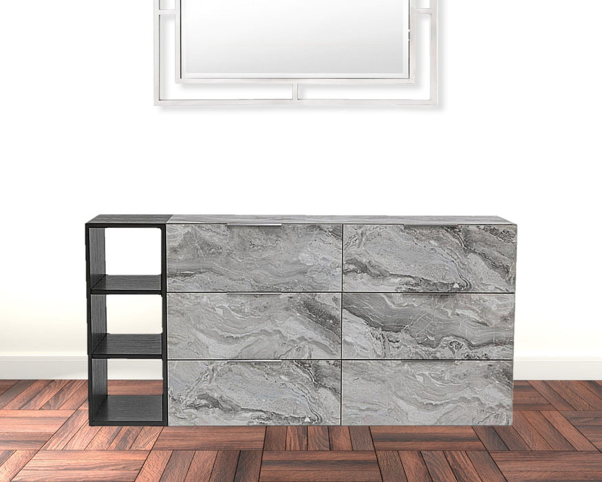 Faux Marble And Black Wood Six Drawer Double Dresser - Gray