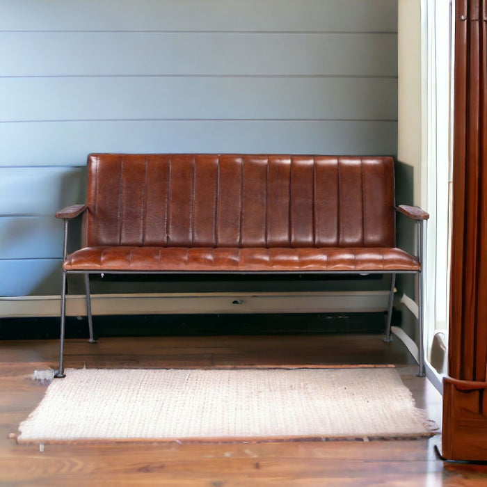 Upholstered Faux Leather Distressed Bench - Brown / Black