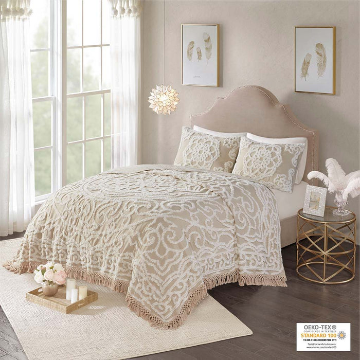 Laetitia - Tufted Medallion Fringe Coverlet Mini Set - Taupe