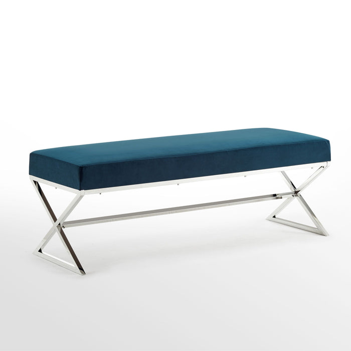 Upholstered Velvet Bench - Navy Blue / Silver