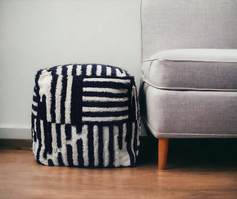 Cotton Cube, Striped Pouf Ottoman - Blue