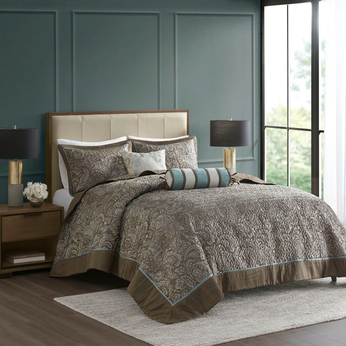 Aubrey - King 5 Piece Reversible Bedspread Set - Blue / Brown