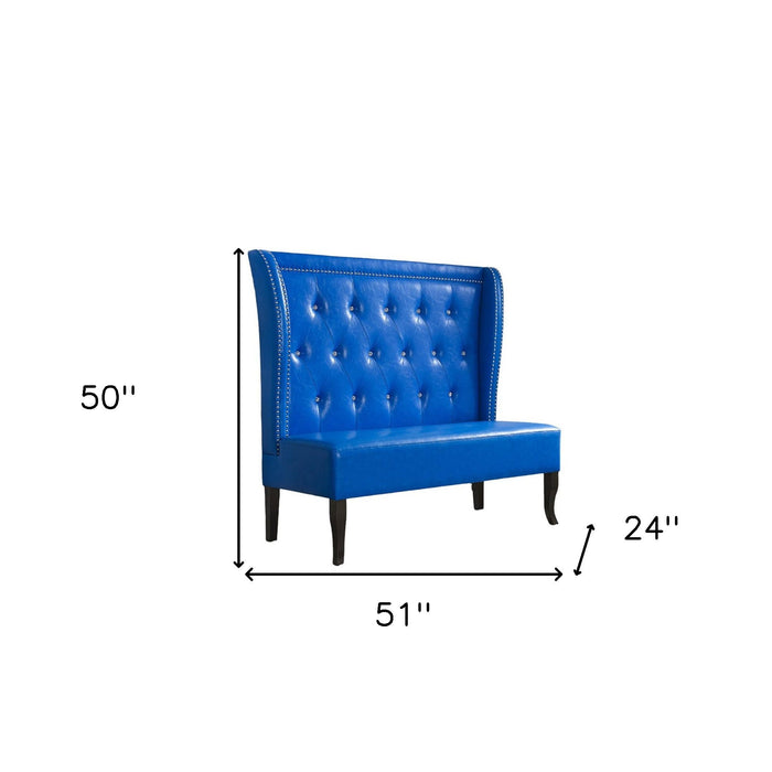 Faux Leather Settee With Dark Brown Legs - Blue