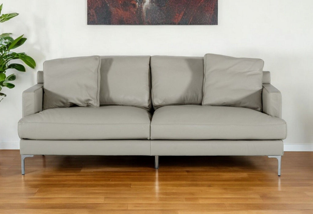 Genuine Leather Sofa With Silver Legs - Light Gray