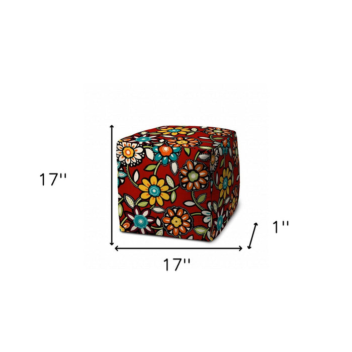 Polyester Cube Floral Indoor Outdoor Pouf Cover - Red