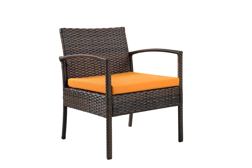 Four Piece Outdoor Wicker Sofa Seating Group With Orange Cushions - Dark Brown