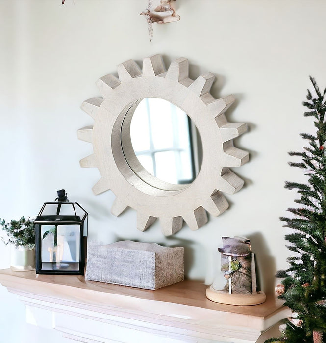 Cog 17" Round Wood Frame Wall Mirror - White