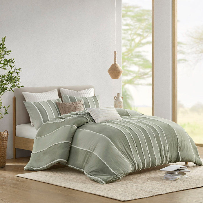 Shay - 3 Piece Striped Cotton Duvet Cover Set - Sage