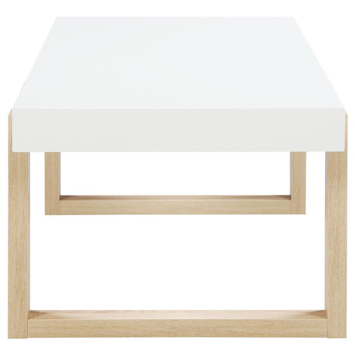 Pala - Rectangular Coffee Table With Sled Base - White High Gloss And Natural - Simple Home Plus