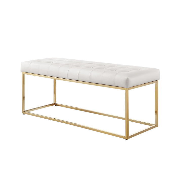 Upholstered Faux Leather Bench - White / Gold