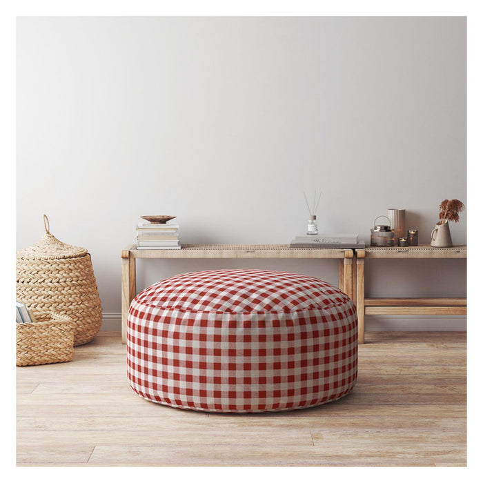 Cotton Round Gingham Pouf Cover - Red / White