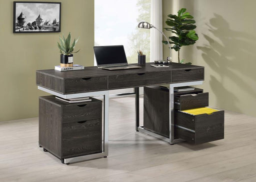 Noorvik - 3 Piece Writing Desk Set - Dark Oak And Chrome - Simple Home Plus