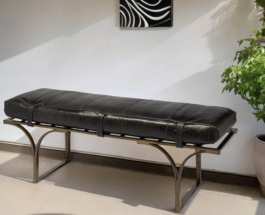 Upholstered Genuine Leather Bench - Black / Antiqued Brass