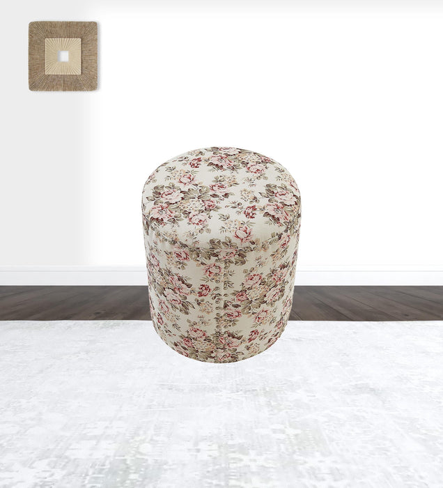 Linen Round Floral Ottoman - Ivory