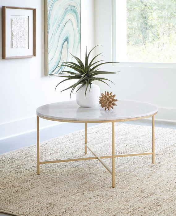 Ellison - Round X-Cross Coffee Table - White And Gold - Simple Home Plus