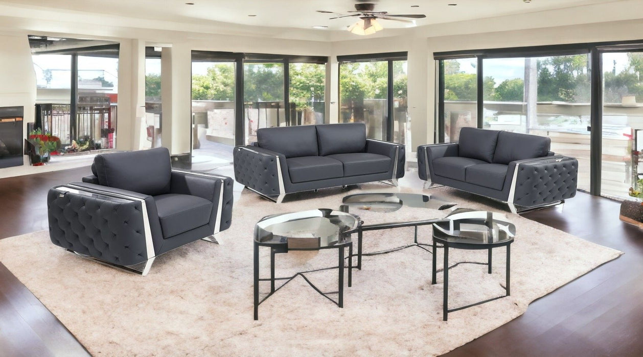 Three Piece Six Person Italian Leather Indoor Seating Set - Dark Gray