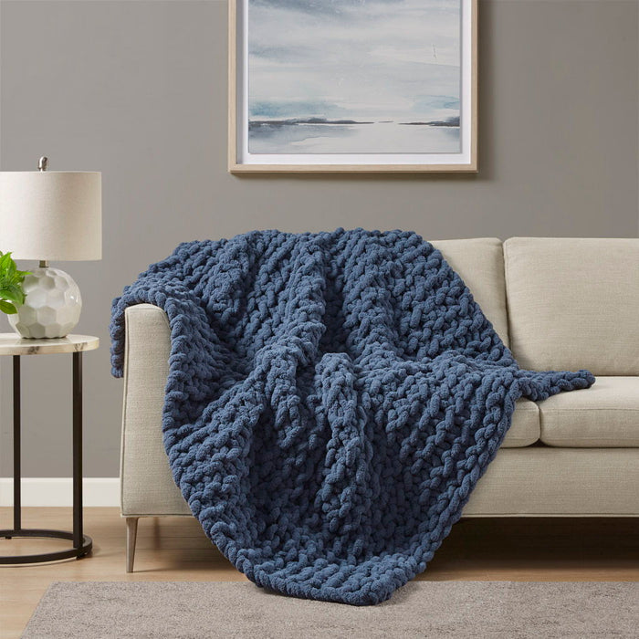 Chenille Chunky Knit - Throw - Navy Blue