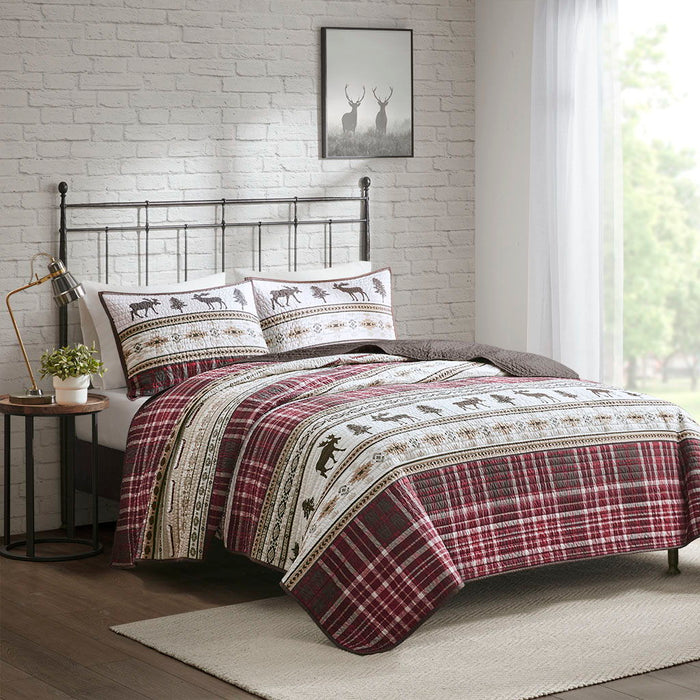 Winter Valley - Oversized 3 Piece Full Microfiber Quilt Set - Red/Brown