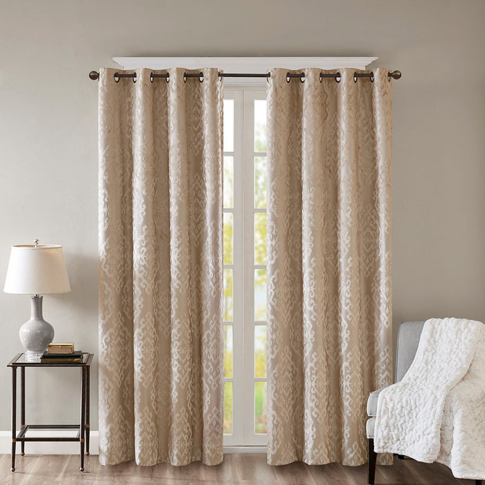 Mirage - 95" Knitted Damask Total Blackout Grommet Top Curtain Panel - Champagne