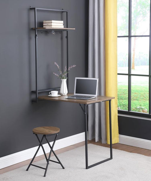 Riley - Foldable Wall Desk With Stool - Rustic Oak And Sandy Black - Simple Home Plus