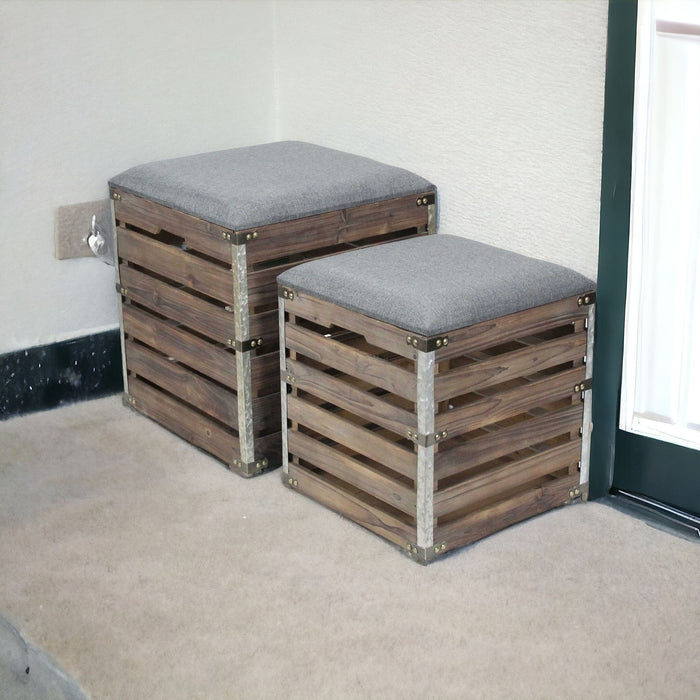 Set Of 2 Square Linen Fabric And Wood Slats Storage Benches - Gray