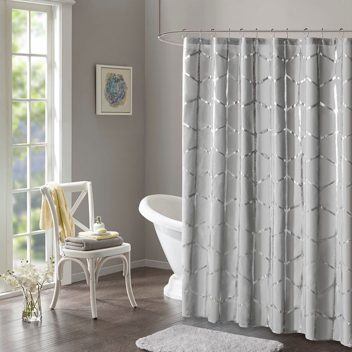 Raina - Printed Metallic Shower Curtain - Gray / Silver