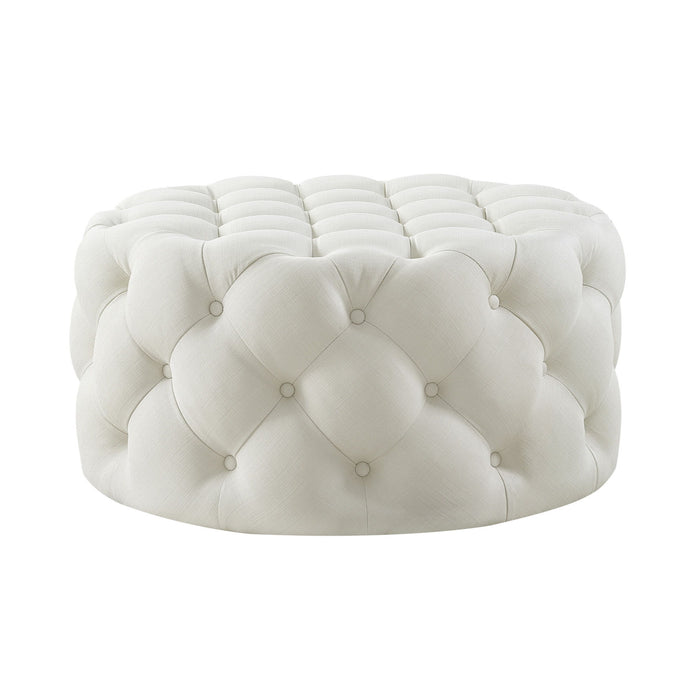 Linen Rolling Tufted Round Cocktail Ottoman - White