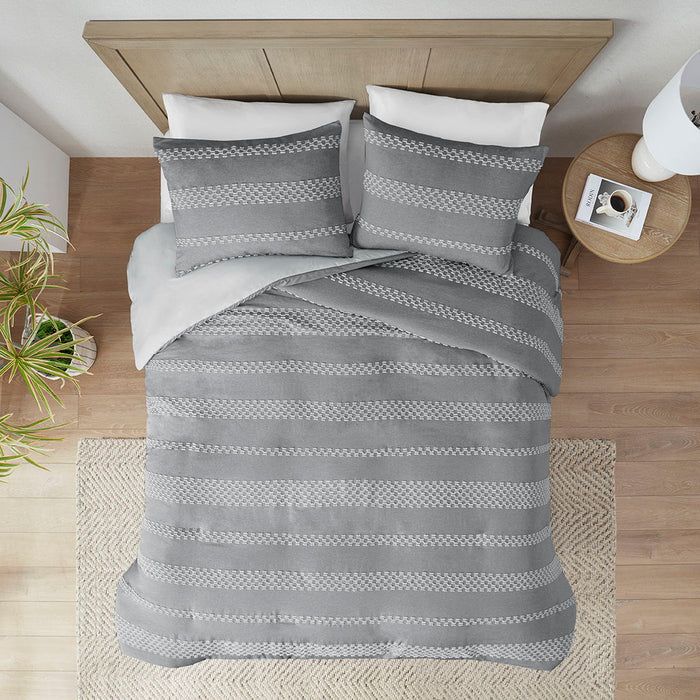 Drew - 3 Piece King Clipped Jacquard Duvet Cover Set - Gray