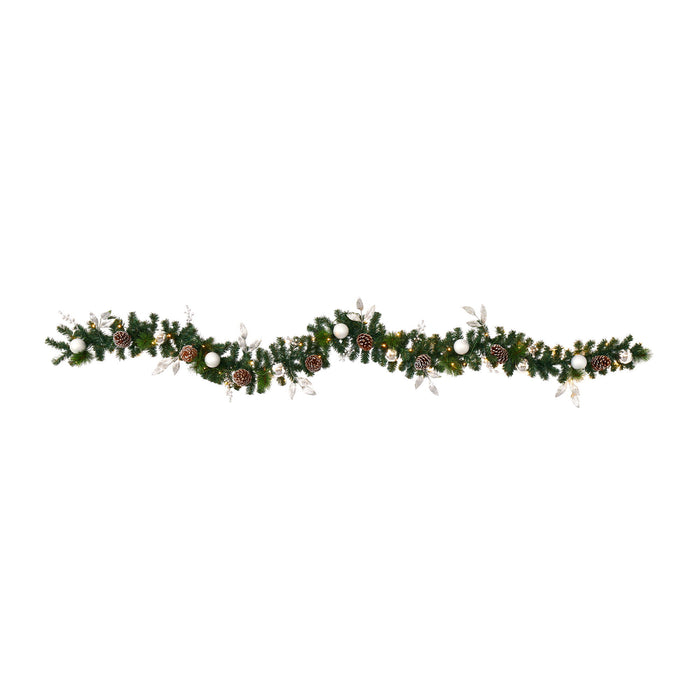 9 Ornament and Pinecone Xmas Garland w/50 Clear LED Lights