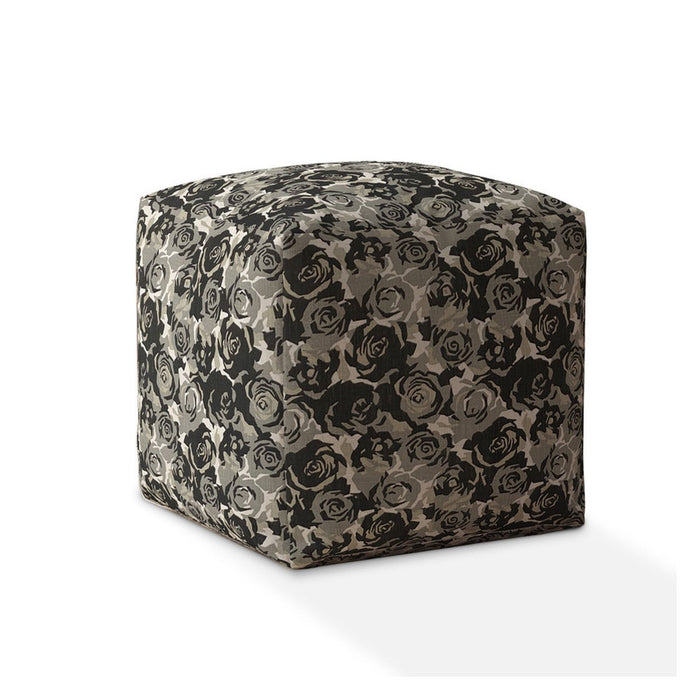 Canvas Floral Pouf Cover - Beige