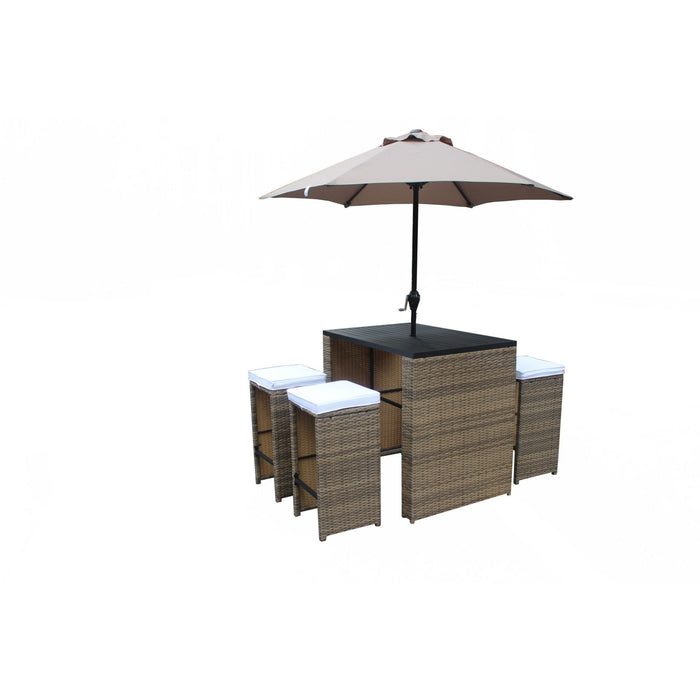 Six Piece Faux Wicker Outdoor Bar Height Table Set With Umbrella And Stools - Brown / White