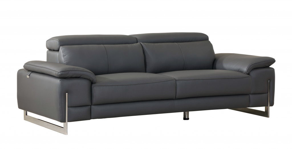 Italian Leather Sofa & Silver Legs - Dark Gray