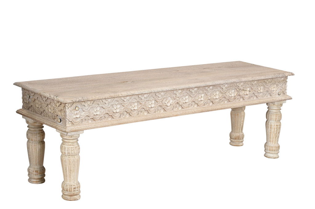 Distressed And Carved Solid Wood Dining Bench - White