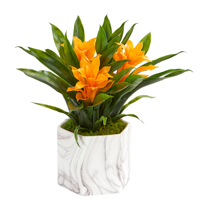 11" Bromeliad Artificial Plant in Marble Finished Vase