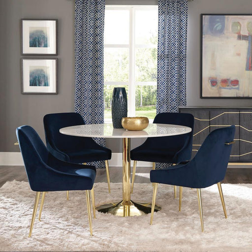 Kella - 5 Piece Round Marble Top Dining Set - Blue And Gold - Simple Home Plus