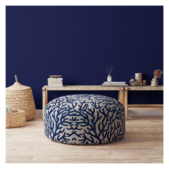 Canvas Round Abstract Pouf Cover - Blue