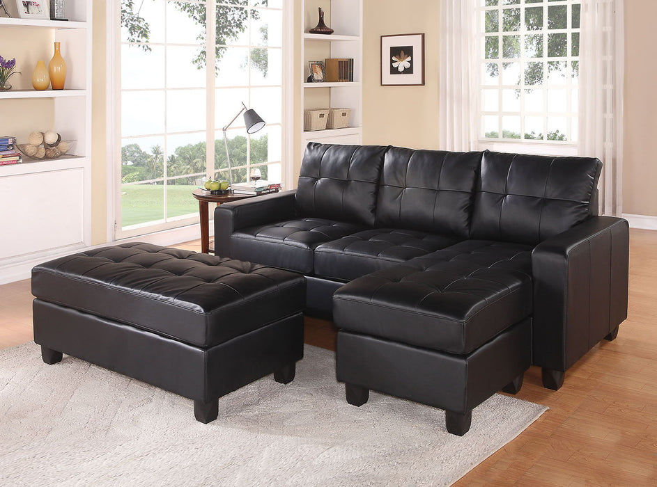 Faux Leather Stationary L Shaped Three Piece Sofa And Chaise - Black