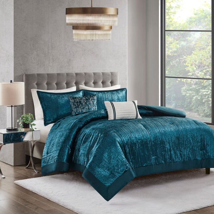 Lee - 5 Piece Crinkle Velvet Comforter Set - Teal