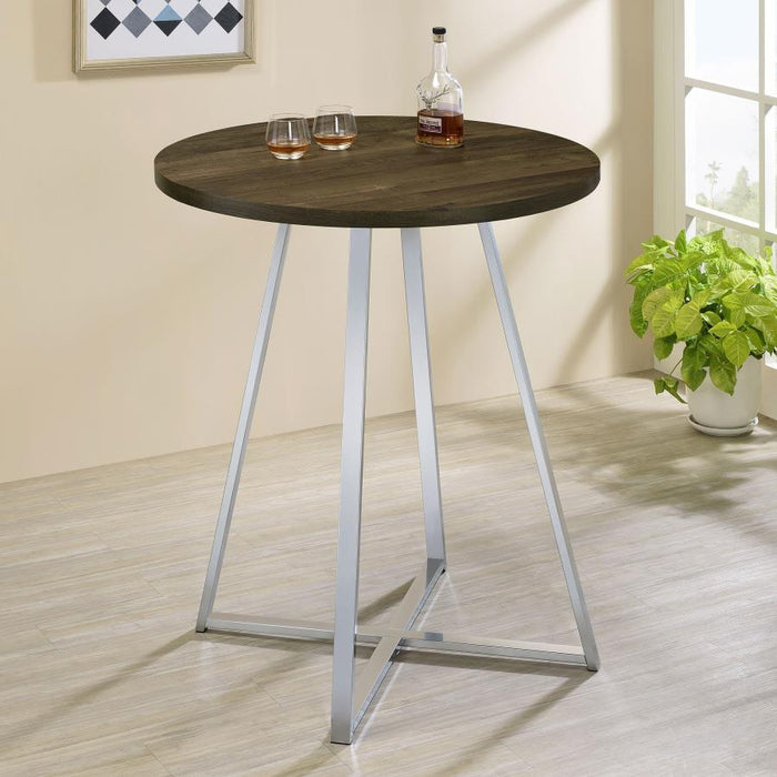 Burkhart - Sled Base Round Bar Table - Brown Oak And Chrome - Simple Home Plus