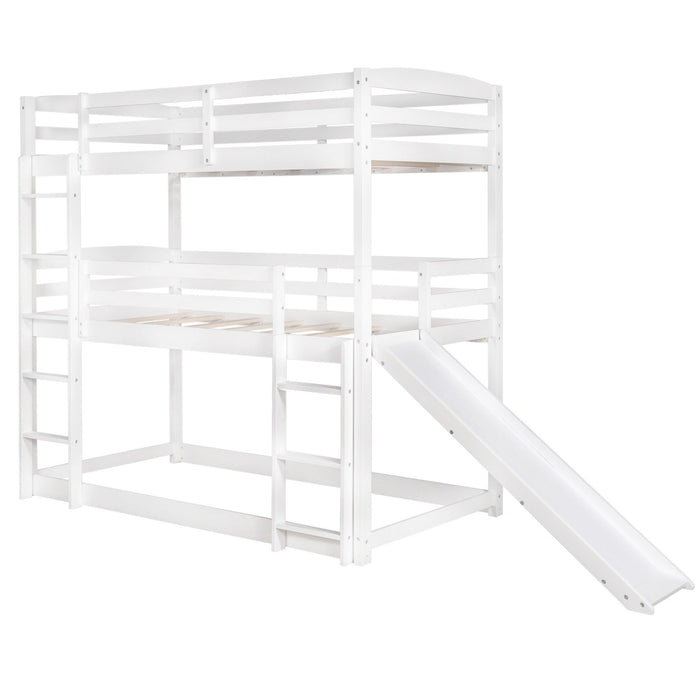 Triple Bunk Twin Sized Bed with Slide - White