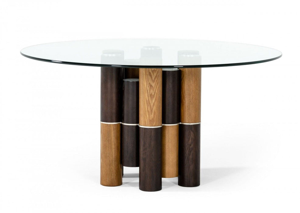 Rounded Glass And Solid Dining Table - Clear / Walnut