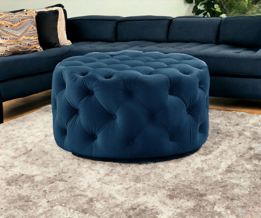 Velvet Rolling Tufted Round Cocktail Ottoman - Navy Blue