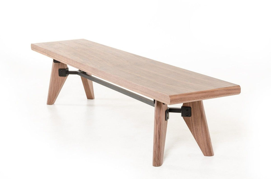 Modern Dining Bench With Silky Black Metal Support Bar - Walnut