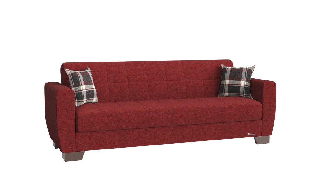 Chenille Sleeper Sleeper Sofa And Toss Pillows With Brown Legs - Burgundy