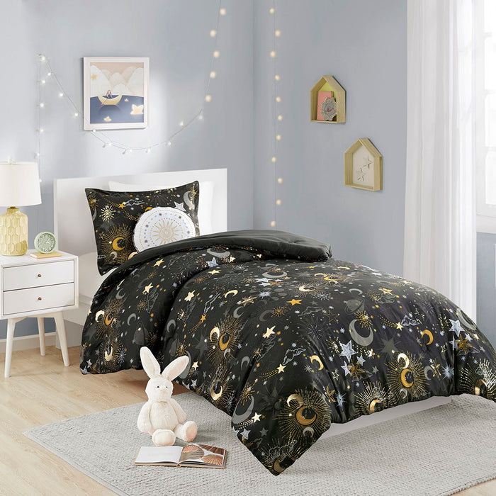 Celia - Starry Sky Metallic Comforter Set With Throw Pillow - Charcoal/Gold